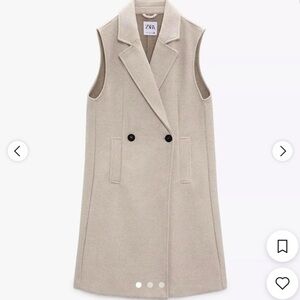 Zara Beige Cream Long Sleeveless Vest Soft Double Breasted Waistcoat Pockets